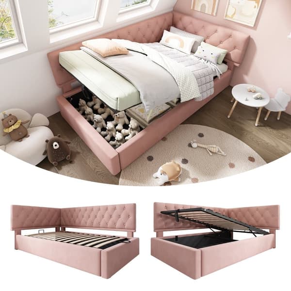90x200cm rosa stoppad säng, bäddsoffa, med hydraulisk förvaring, med träribbbotten, sammet, utan madrass