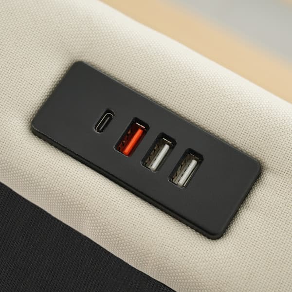 180×200cm beige dobbeltpolstret seng, opbevaringsseng med LED og USB-C opladning, lamelbund, ingen madras