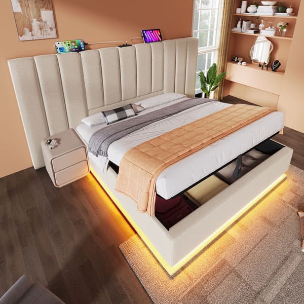 180×200cm beige dobbeltpolstret seng, opbevaringsseng med LED og USB-C opladning, lamelbund, ingen madras