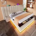 Miniatyrbillede 5 af 6: 180×200cm beige dobbeltpolstret seng, opbevaringsseng med LED og USB-C opladning, lamelbund, ingen madras
