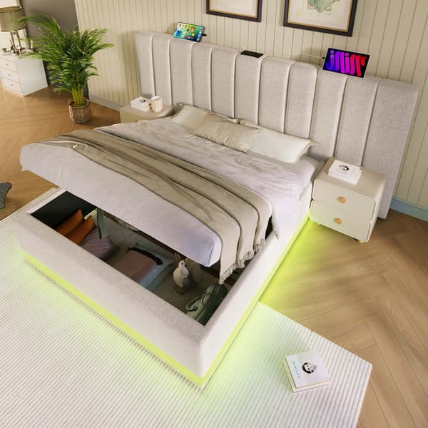 180×200cm beige dobbeltpolstret seng, opbevaringsseng med LED og USB-C opladning, lamelbund, ingen madras
