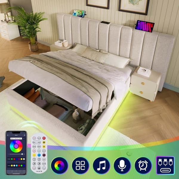 180×200cm beige dobbeltpolstret seng, opbevaringsseng med LED og USB-C opladning, lamelbund, ingen madras