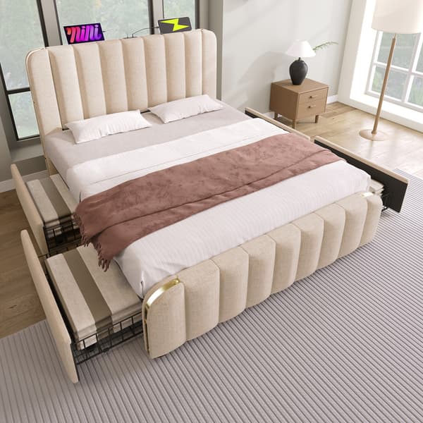 140*200 cm beige polstret seng, dobbelt polstret sengegavl, USB Type-C opladning, 4 skuffer, madras medfølger ikke