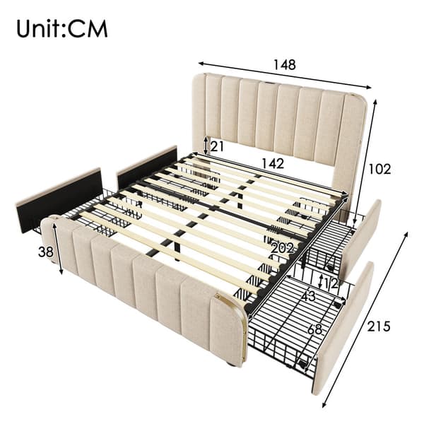 140*200 cm beige polstret seng, dobbelt polstret sengegavl, USB Type-C opladning, 4 skuffer, madras medfølger ikke