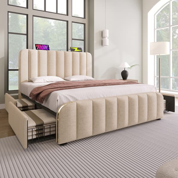 140*200 cm beige polstret seng, dobbelt polstret sengegavl, USB Type-C opladning, 4 skuffer, madras medfølger ikke