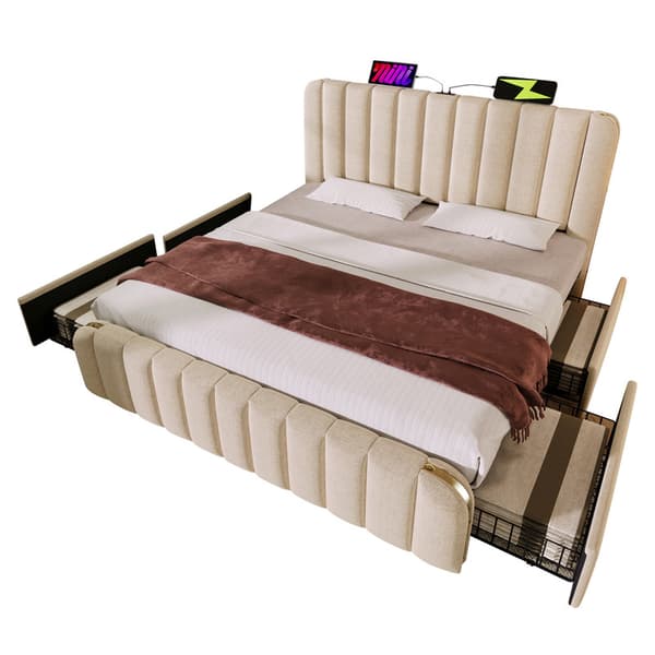 140*200 cm beige polstret seng, dobbelt polstret sengegavl, USB Type-C opladning, 4 skuffer, madras medfølger ikke