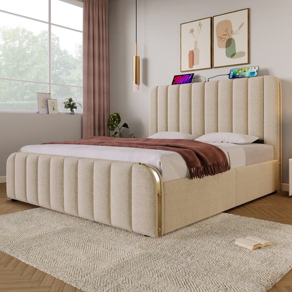 140*200 cm beige polstret seng, dobbelt polstret sengegavl, USB Type-C opladning, 4 skuffer, madras medfølger ikke