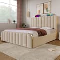 Miniatyrbillede 2 af 6: 140*200 cm beige polstret seng, dobbelt polstret sengegavl, USB Type-C opladning, 4 skuffer, madras medfølger ikke