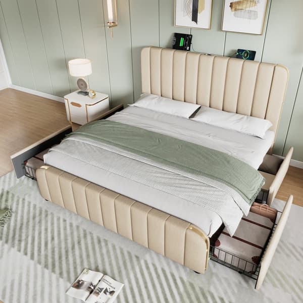 140*200 cm beige polstret seng, dobbelt polstret sengegavl, USB Type-C opladning, 4 skuffer, madras medfølger ikke