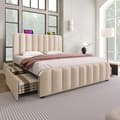 Miniatyrbillede 5 af 6: 160*200 cm beige polstret seng, dobbelt polstret sengegavl, USB Type-C opladning, 4 skuffer, madras medfølger ikke