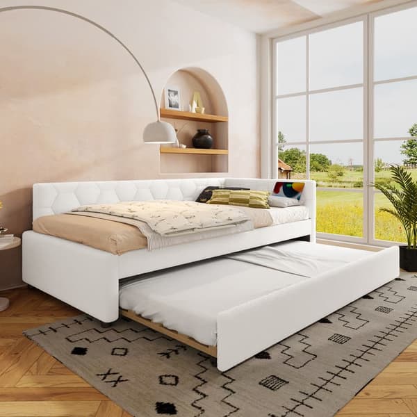 Hvid sovesofa 90*200cm, lamelseng, sengelampe, multifunktionsudtræksseng, USB og Type-C, uden madras