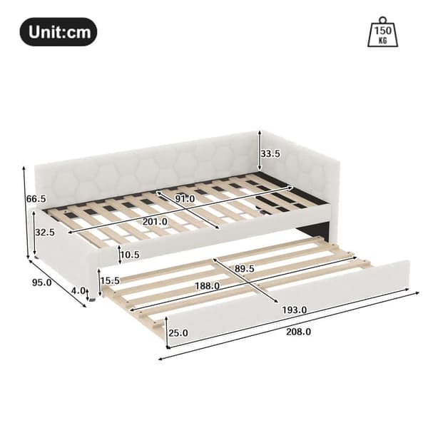 Hvid sovesofa 90*200cm, lamelseng, sengelampe, multifunktionsudtræksseng, USB og Type-C, uden madras