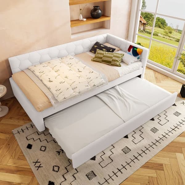 Hvid sovesofa 90*200cm, lamelseng, sengelampe, multifunktionsudtræksseng, USB og Type-C, uden madras