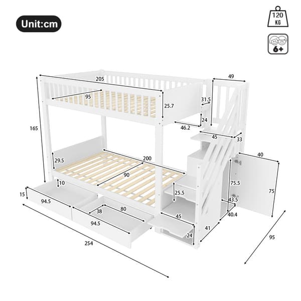 Vit våningssäng 90x200cm med lådor, med hyllor, med garderob, med förvaringsfack, utan madrass