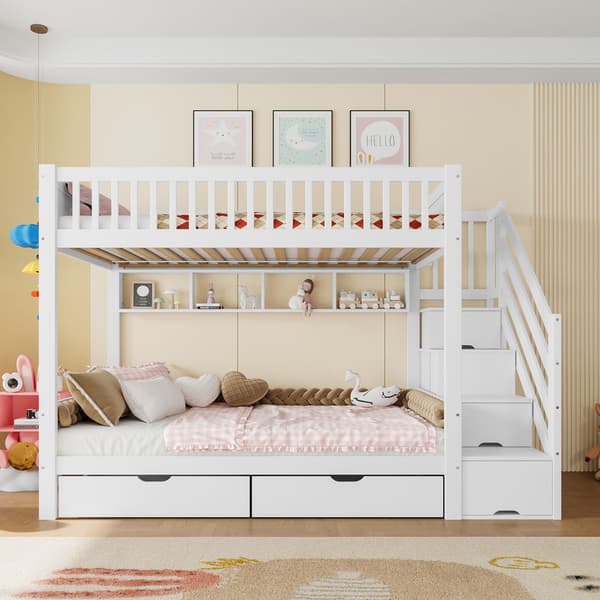 Vit våningssäng 90x200cm med lådor, med hyllor, med garderob, med förvaringsfack, utan madrass