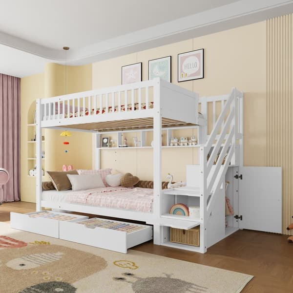 Vit våningssäng 90x200cm med lådor, med hyllor, med garderob, med förvaringsfack, utan madrass