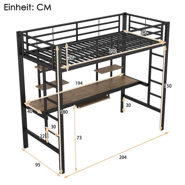 90x200 cm sort hems, metalseng, hems med skrivebord og to bogreoler med åbne hylder og skuffer, velegnet til voksne