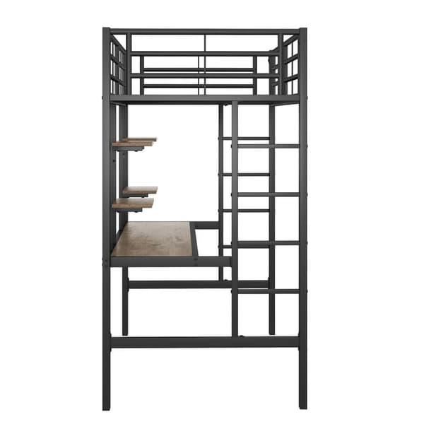90x200 cm sort hems, metalseng, hems med skrivebord og to bogreoler med åbne hylder og skuffer, velegnet til voksne