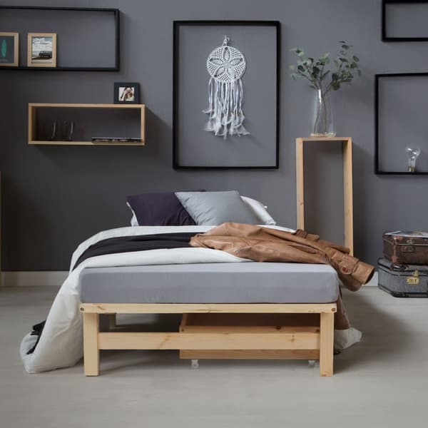 Sänky, Lavaattisänky 90x200 cm, jossa 2 kpl sängynlaatikkoa, Massiivipuinen sänky, 90x200 cm, Luonnollinen