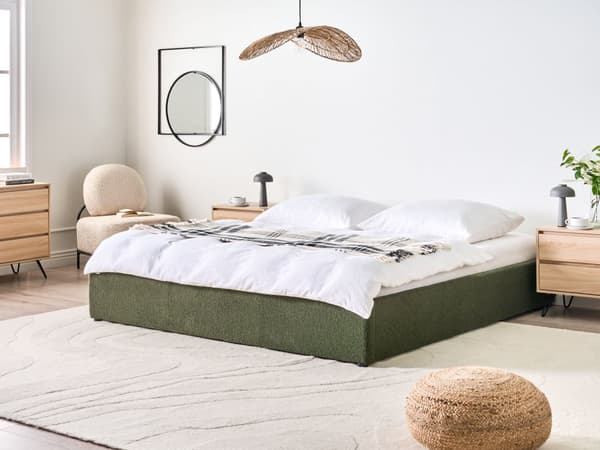 Sengeramme med Lameller Mørkegrønn Boucle Stoff Polstret Ottomansk Oppbevaring 180 x 200 cm Moderne Design Soverom