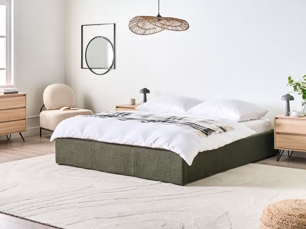 Sengeramme med Lameller Mørkegrønn Boucle Stoff Polstret Ottomansk Oppbevaring 160 x 200 cm Moderne Design Soverom