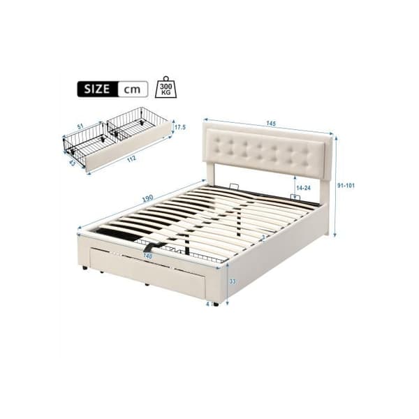 140*190 Lit tapet med ribbotten och huvudgavel, förvaringssäng, hydrauliskt klädd, dubbelsäng med 2 beige lådor