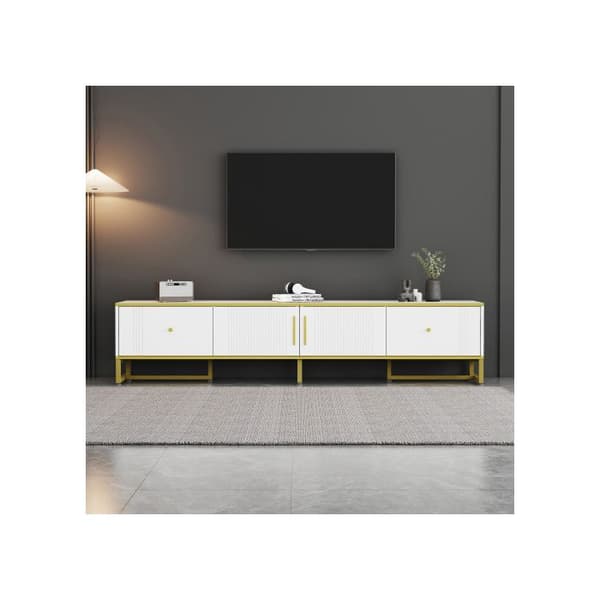 Elegant vittskåp i vitt, 180x40x40 cm, gyllene dekorationer, 2 dörrar, 2 lådor, idealisk för 80-tumstv.