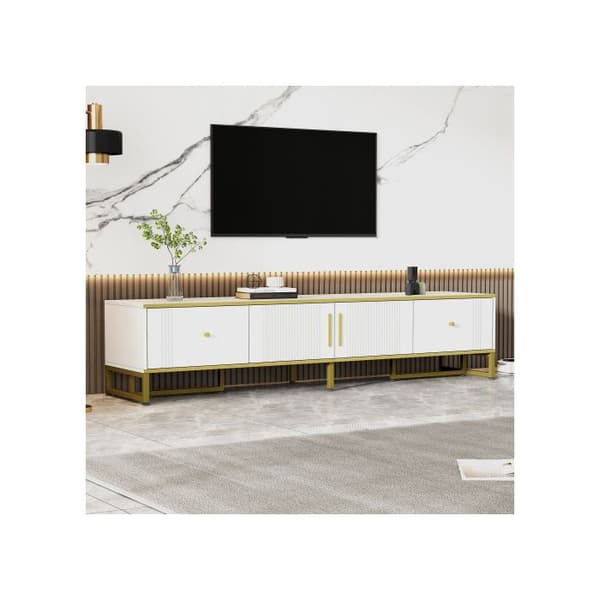 Elegant vittskåp i vitt, 180x40x40 cm, gyllene dekorationer, 2 dörrar, 2 lådor, idealisk för 80-tumstv.