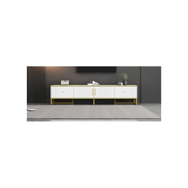 Elegant vittskåp i vitt, 180x40x40 cm, gyllene dekorationer, 2 dörrar, 2 lådor, idealisk för 80-tumstv.
