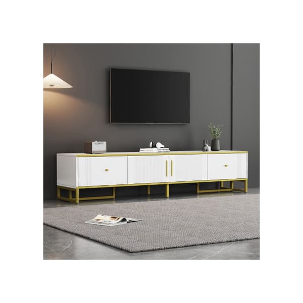 Elegant vittskåp i vitt, 180x40x40 cm, gyllene dekorationer, 2 dörrar, 2 lådor, idealisk för 80-tumstv.