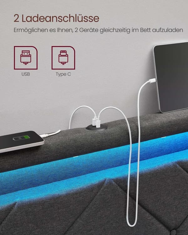 Rootz Bed with Charging Station - Grey -Black - Steel Frame - Max Support - 200 cm x 140 cm x 94,2 cm