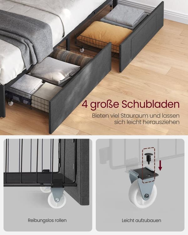 Rootz Bed with Charging Station - Grey -Black - Steel Frame - Max Support - 200 cm x 140 cm x 94,2 cm