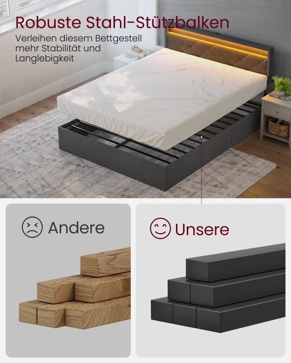 Rootz Bed with Charging Station - Grey -Black - Steel Frame - Max Support - 200 cm x 140 cm x 94,2 cm