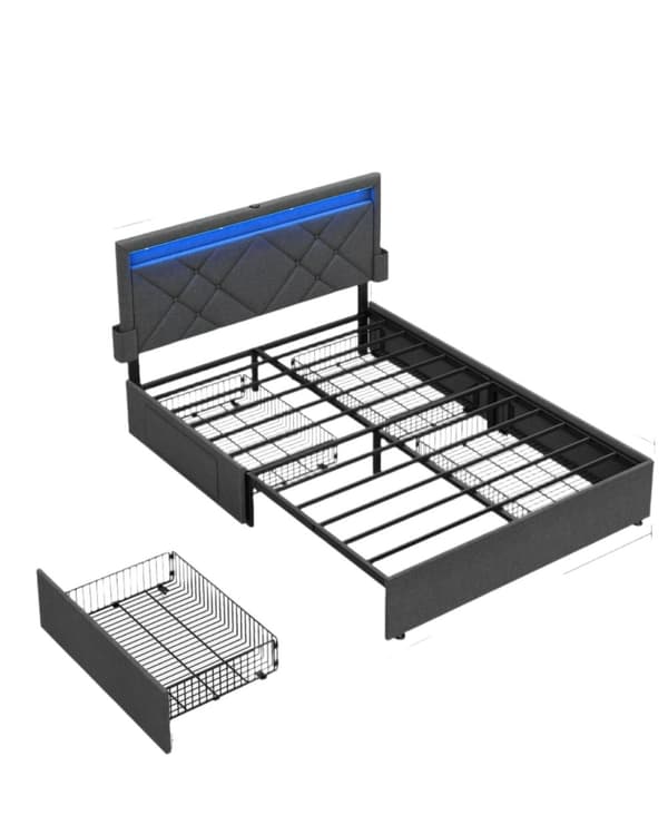 Rootz Bed with Charging Station - Grey -Black - Steel Frame - Max Support - 200 cm x 140 cm x 94,2 cm