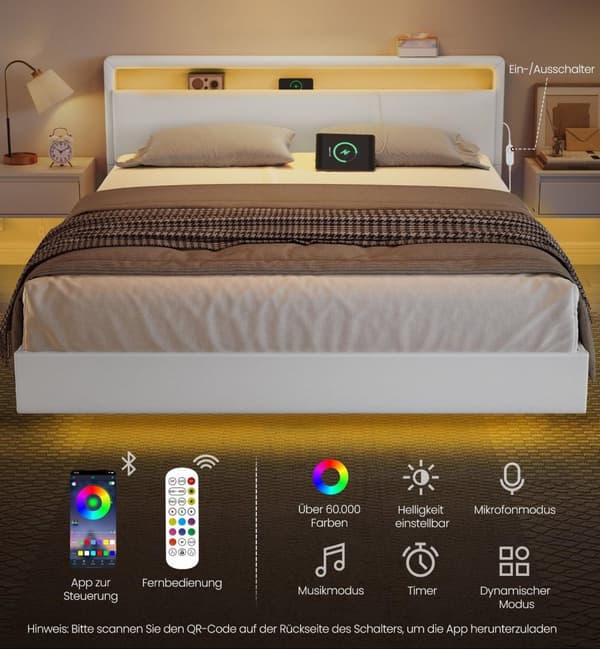 Rootz Bed Frame - Platform Bed - LED -valaistus - Latausasema - tukee 455 kg - 213 cm x 167cm x 90cm - pilvivalkoinen