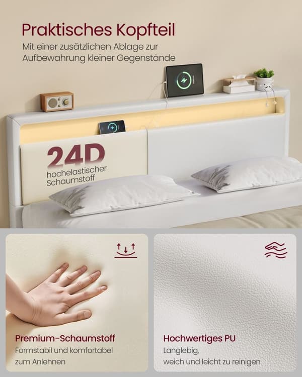 Rootz Bed Frame - Platform Bed - LED -valaistus - Latausasema - tukee 455 kg - 213 cm x 167cm x 90cm - pilvivalkoinen