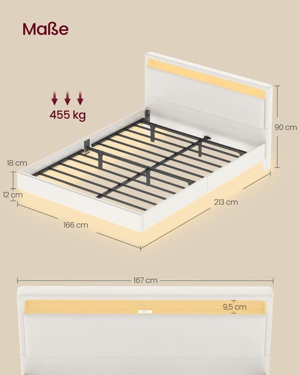 Rootz Bed Frame - Platform Bed - LED -valaistus - Latausasema - tukee 455 kg - 213 cm x 167cm x 90cm - pilvivalkoinen