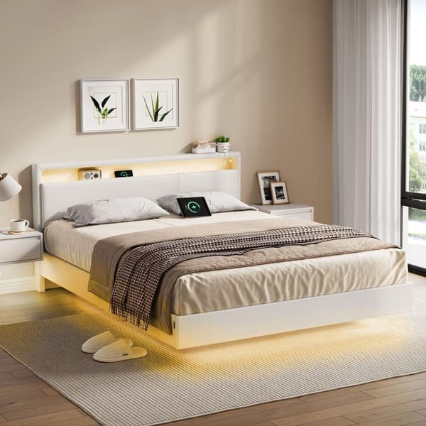 Rootz Bed Frame - Platform Bed - LED -valaistus - Latausasema - tukee 455 kg - 213 cm x 167cm x 90cm - pilvivalkoinen