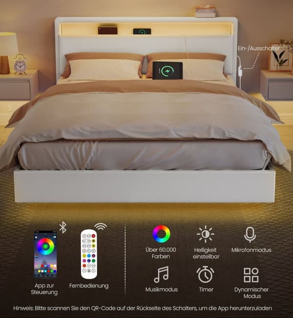 Rootz Bed Frame med LED -belysning - Belyset seng - Opladningsstation Bed - Cloud White Steel Pu Leather - 213 cm x 147 cm x 90 cm