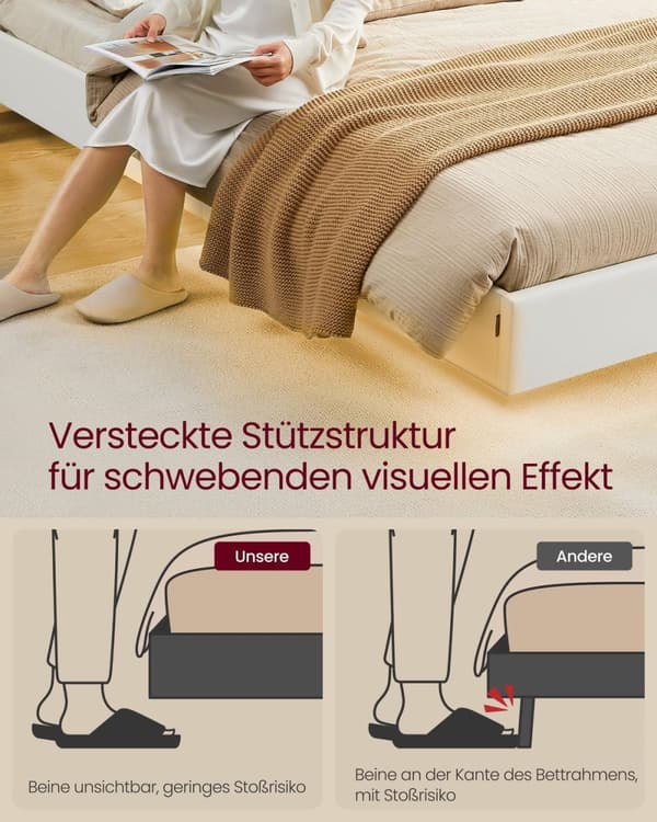 Rootz Bed Frame med LED -belysning - Belyset seng - Opladningsstation Bed - Cloud White Steel Pu Leather - 213 cm x 147 cm x 90 cm