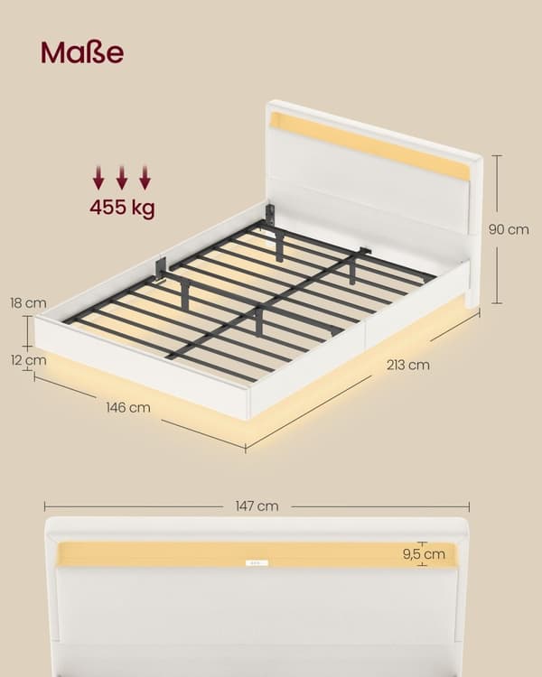 Rootz Bed Frame med LED -belysning - Belyset seng - Opladningsstation Bed - Cloud White Steel Pu Leather - 213 cm x 147 cm x 90 cm