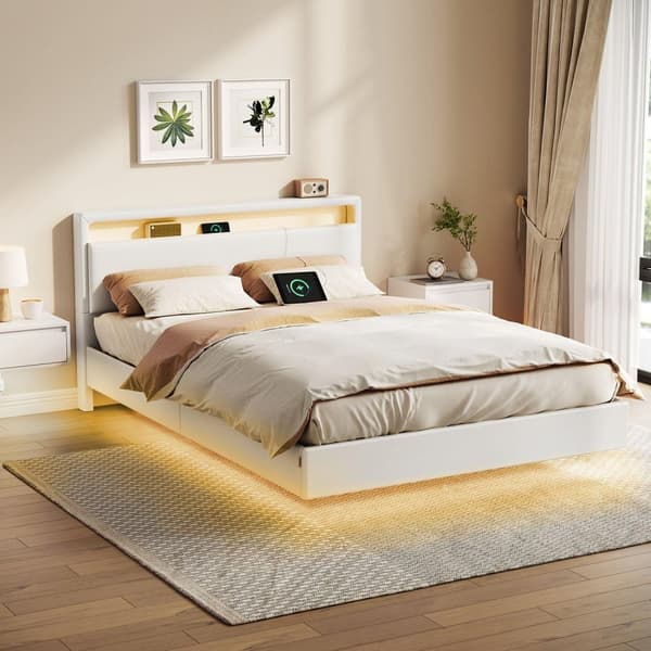 Rootz Bed Frame med LED -belysning - Belyset seng - Opladningsstation Bed - Cloud White Steel Pu Leather - 213 cm x 147 cm x 90 cm