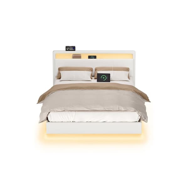 Rootz Bed Frame med LED -belysning - Belyset seng - Opladningsstation Bed - Cloud White Steel Pu Leather - 213 cm x 147 cm x 90 cm