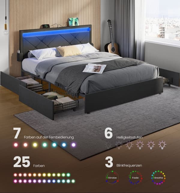 Rootz Double Bed Frame - LED BED RAMM - Opbevaringssengsramme - Integreret opladningsstation - 210 x 167 x 88,3 cm - Skifer Gray/Matt Black