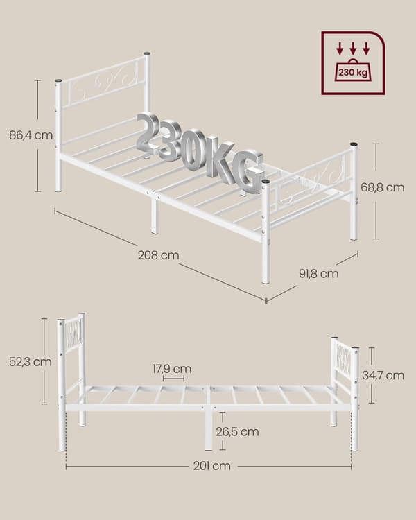 Rootz Metal Bed Frame - Yksinkertainen kokoonpano - tukeva sänky - jauhepäällysteinen metalli - Matt White Finish - 208 cm x 91,8 cm x 86,4 cm