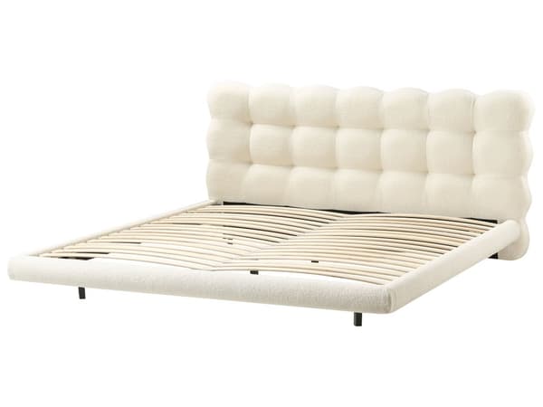 Sengeramme Off-White Boucle Polstring Tuftet Sengegavl Spaltegulv 180 x 200 cm Metallben Moderne Design