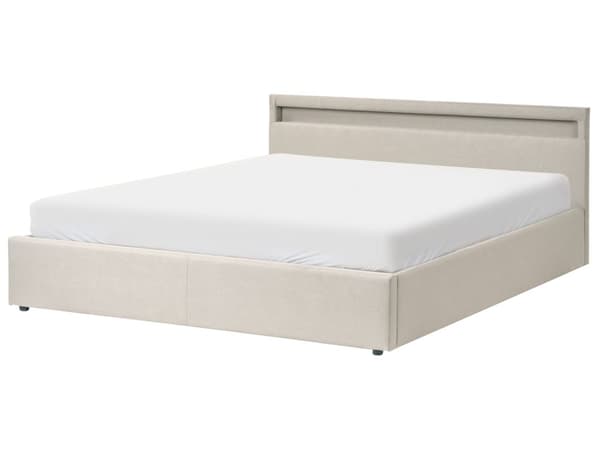 Dobbeltseng Beige Stoff 180 x 200 cm Flerfarget LED-lys Oppbevaringsrom Sengegavl Lamellbunn Sengeramme Soverom