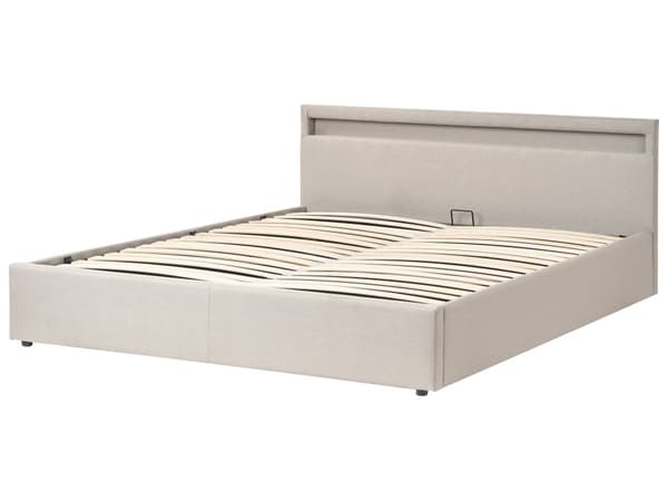 Dobbeltseng Beige Stoff 180 x 200 cm Flerfarget LED-lys Oppbevaringsrom Sengegavl Lamellbunn Sengeramme Soverom