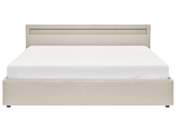 Dobbeltseng Beige Stoff 180 x 200 cm Flerfarget LED-lys Oppbevaringsrom Sengegavl Lamellbunn Sengeramme Soverom