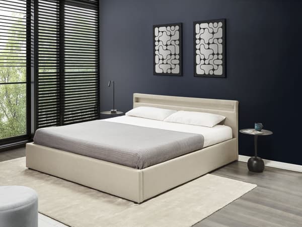 Dobbeltseng Beige Stoff 180 x 200 cm Flerfarget LED-lys Oppbevaringsrom Sengegavl Lamellbunn Sengeramme Soverom